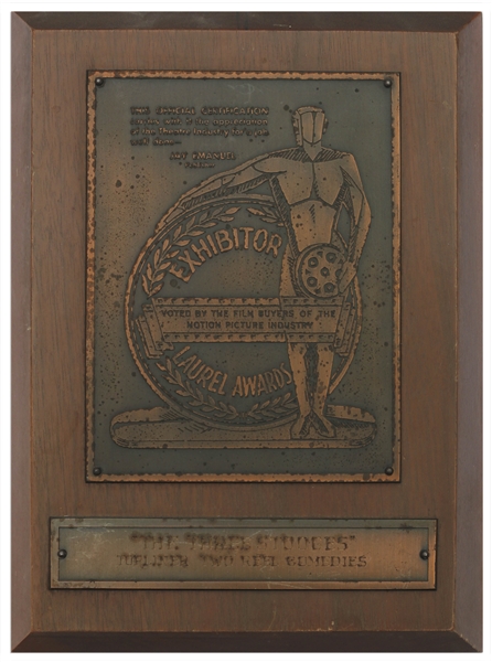 Moe Howard's Laurel Award, Awarded to The Three Stooges for Two-Reel Comedies -- Undated Circa Late 1940s -- 6.75'' x 9.25'' Plaque Has Some Nicks to Wood & Mild Tarnishing to Metal, Overall Very Good